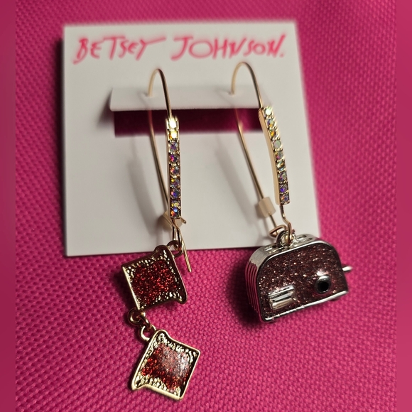 Betsey Johnson Gold-Tone Drop Earrings with Red & Pink Glitter Charms - Picture 11 of 14